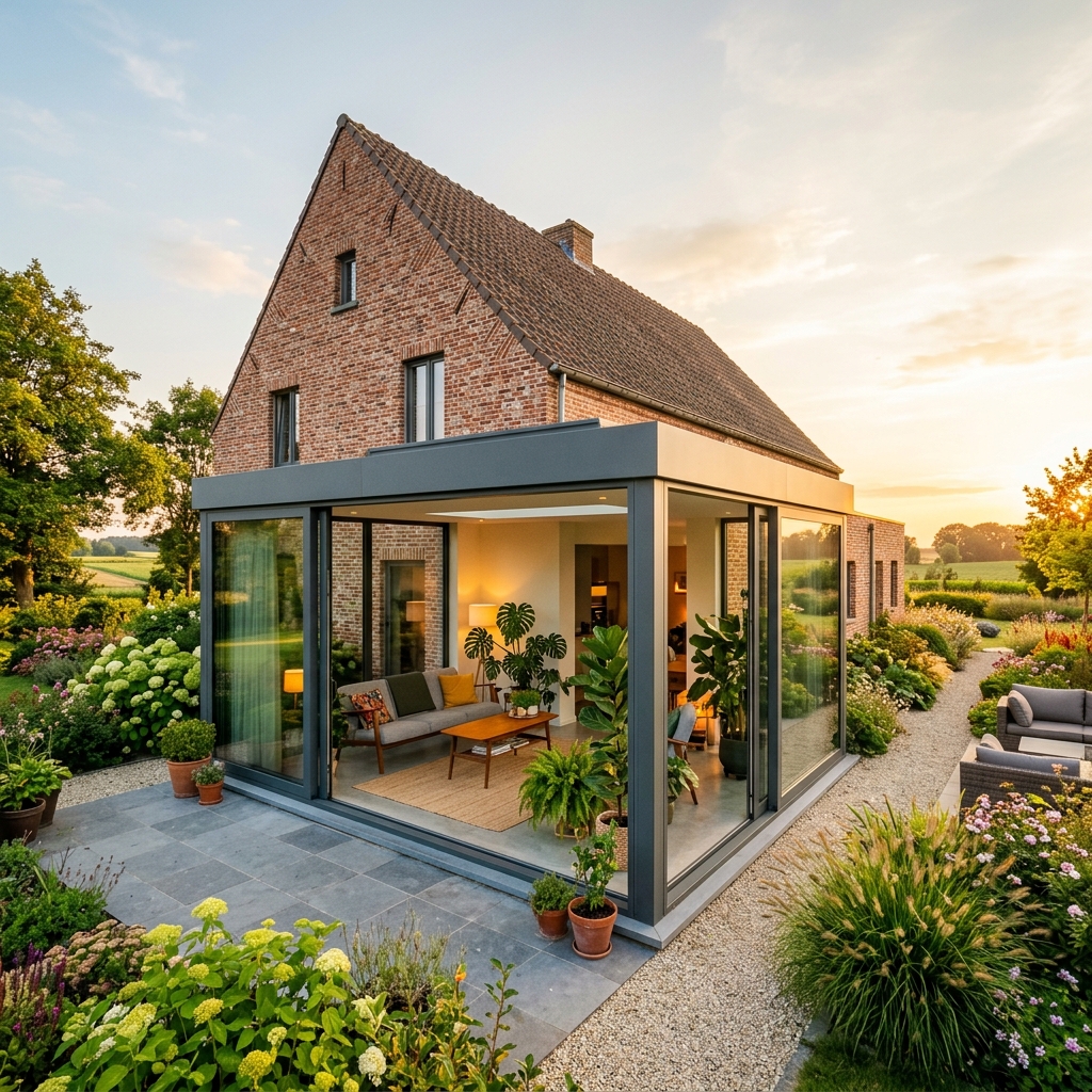 Véranda moderne en aluminium sur maison belge